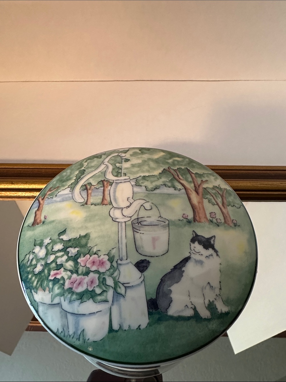 Studio Nova Round Jewelry Box Trinket Dish with Pastel Garden Cat Illustration